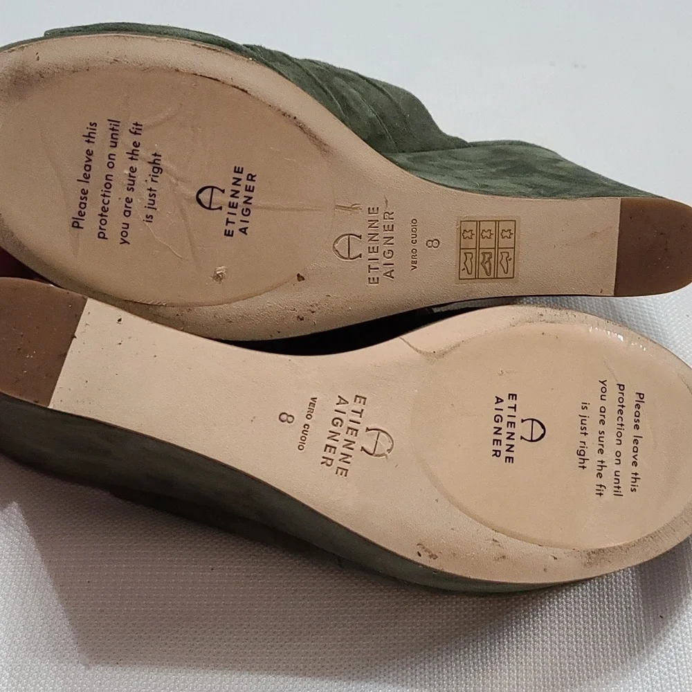 Etienne Aigner Womens Wedge Sandal Hunter Green Leather Knotted Straps Sz 8 NWOT